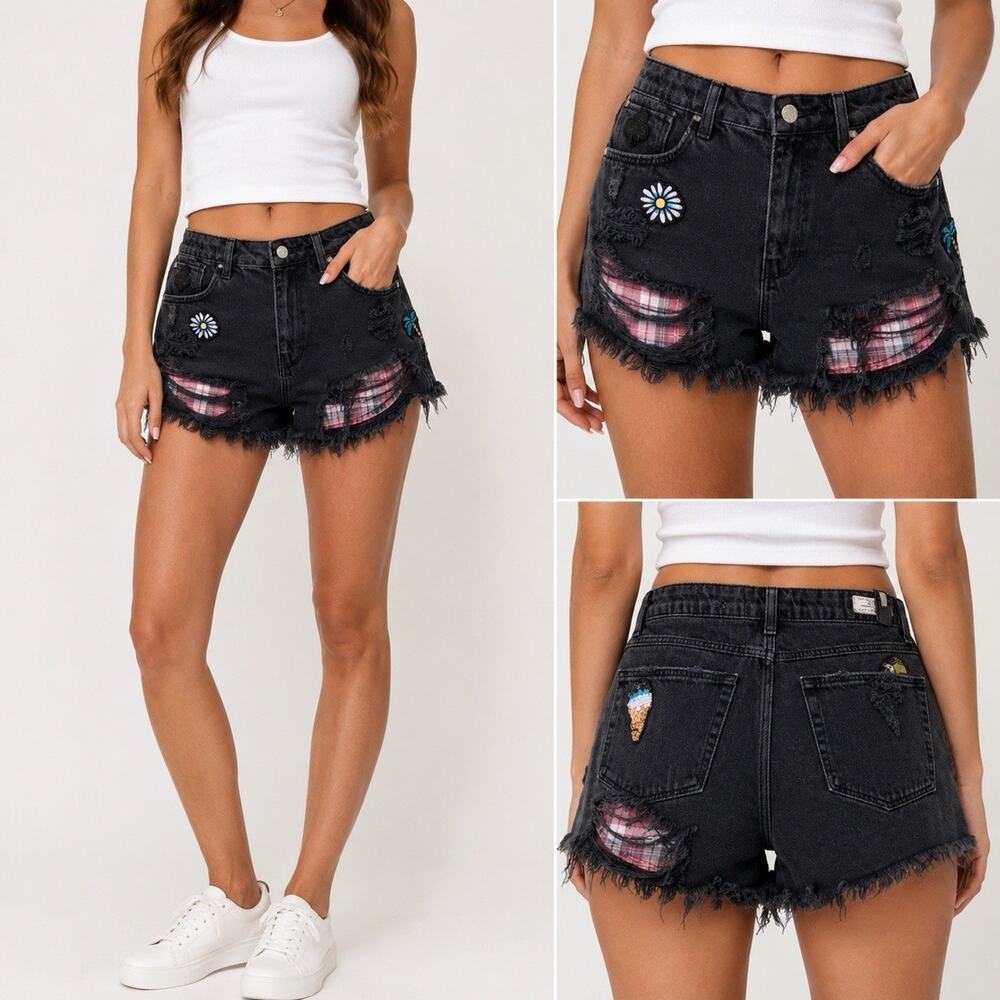 Zara Trafaluc Women’s Denim Shorts Size 4 Black Distressed Patch Plaid Lined Cut